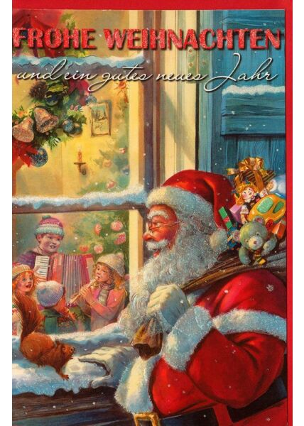 Vintage Weihnachtskarte nostalgisch Weihnachtsmann Fenster