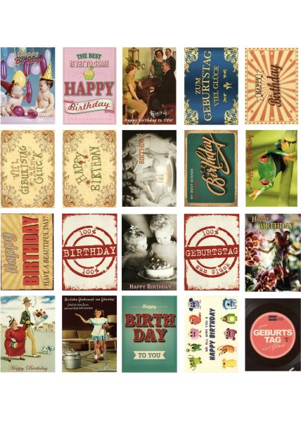 20er Postkarten Set Geburtstagskarten mit Fotos und Illustrationen