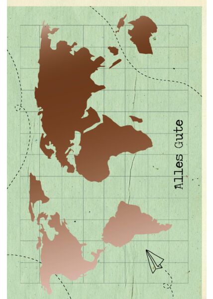 Abschiedskarte Kollege Weltkarte, mit kupferfarbener Metallicfolie